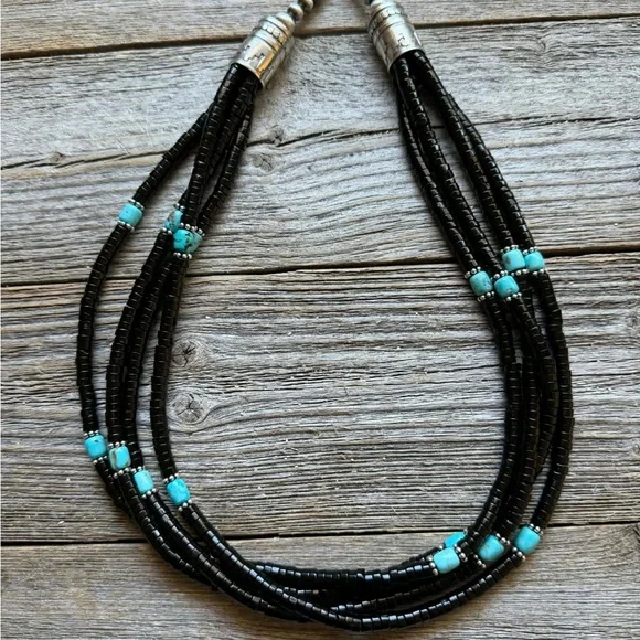 Sterling silver black onyx turquoise necklace 24 inch